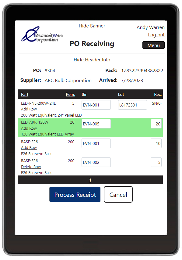 AdvancedWare provides Solutions for Epicor's Epicor Kinetic ERP System including Real-Time Barcode Receiving application