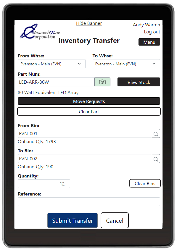 AdvancedWare provides Solutions for Epicor's ERP 10 System including Real-Time Barcode Inventory Transfer & Query application