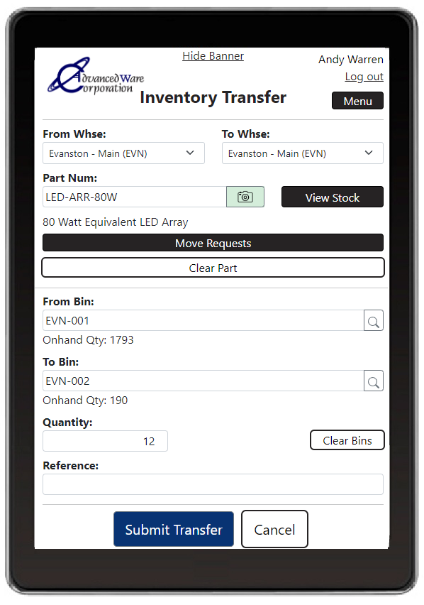 AdvancedWare provides Solutions for Epicor's ERP 10 System including Real-Time Barcode Stock Query & Move application